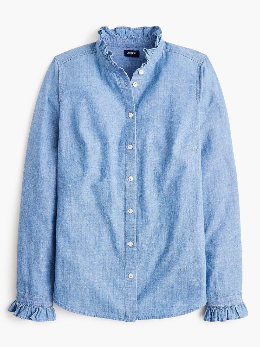 J Crew Chambray Ruffle Top Button-up Vista Blue Wash Womens LARGE NWT